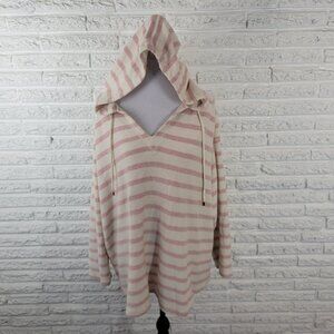 Chaps Womens Top 2X Plus Hoodie Knit Pink White Stripe Comfy Cotton SWE92E